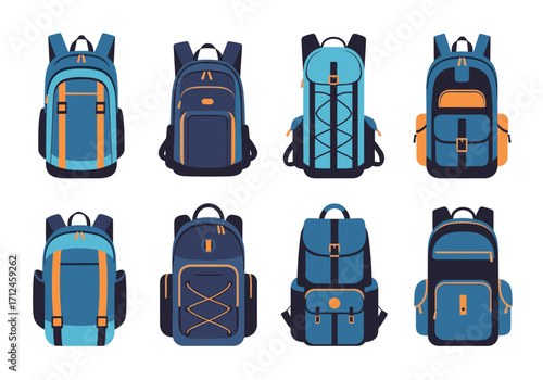 Collection of blue and orange backpacks for outdoor adventures.
