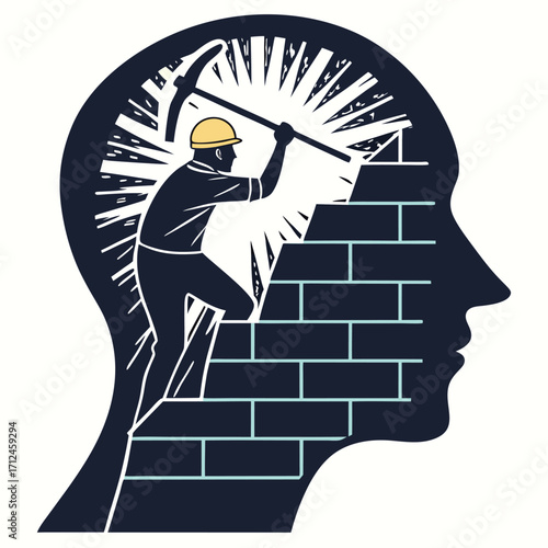 Building a growth mindset, A man building a stairway in his mind with a pickaxe, Vector illustration - Generative AI
