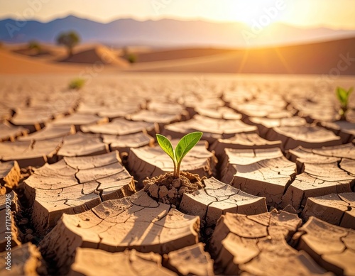 Lone Green Plant Growing In Cracked Dry Desert Ground With Sunlight and Distant Mountains At Golden Hour