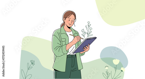 Botanical Scientist Sketching Illustration With Plants, Focuses On Study And Detailed Analysis