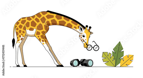 Curious Giraffe Inspecting Binoculars With Glasses, Simple Vector Illustration