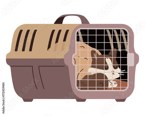 Cat sleeping inside the pet carrier flat vector illustration isolated on white.