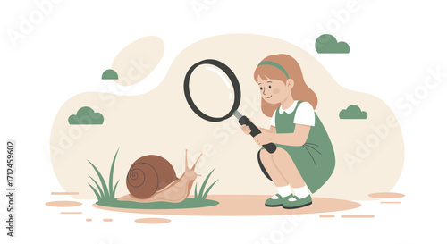 Curious Girl Examining Snail With a Magnifying Glass in Peaceful Nature Illustration