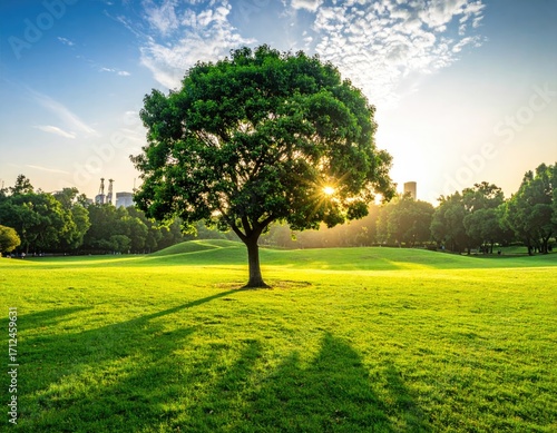 Lone Tree Silhouetted Against Sun on Green Meadow with Distant Urban Skyline in Sunlit Park
