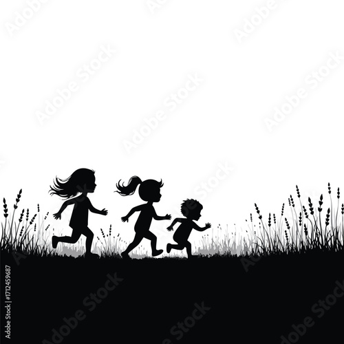 Three children silhouettes running through grass and reeds