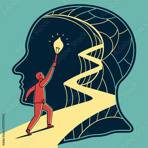 Enlightenment and the path to knowledge, A man with a torch illuminating a path in his mind, Vector illustration - Generative AI
