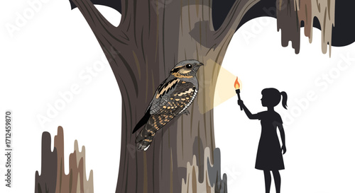 Curious Girl Explores The Nocturnal World With A Flaming Torch And Finds A Unique Bird