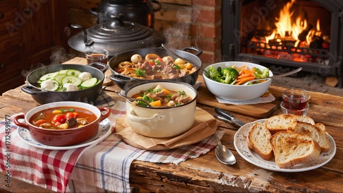 Hearty Winter Feast by the Fireplace: A Rustic Table Setting with Steaming Stews, Fresh Salad, and Crusty Bread for a Cozy Meal