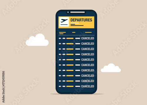Schedule board with information about canceled flights in international airport on screen smartphone. Flat vector illustration