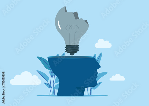 Open head to see crashed lightbulb. Business idea trap concept. Vector flat illustration