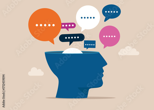 Open head to see feedback speech bubble to see discussion, conversation discussing work in meeting. Vector flat illustration