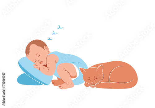 A baby sleeps peacefully next to a contented cat.