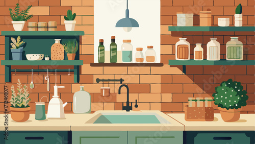 A rustic kitchen with exposed brick walls a farmhouse sink and shelves lined with mason jars filled with dried herbs and es.