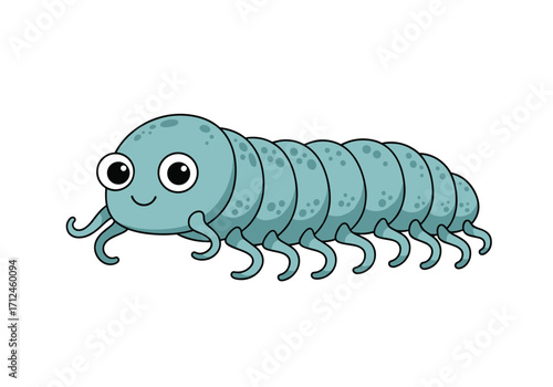 A cartoon caterpillar with big eyes and many legs.
