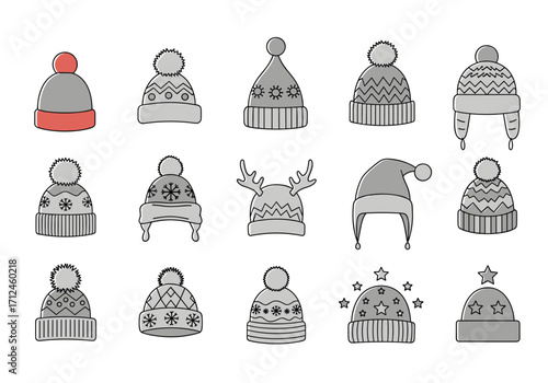 A collection of winter hats with various designs.