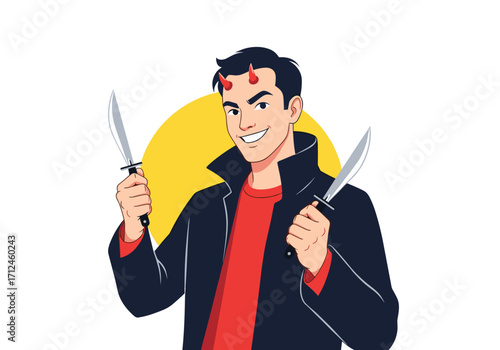 A man with devil horns and knives in his hands.