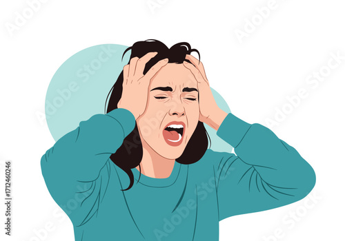 Woman screaming in frustration holding her head.