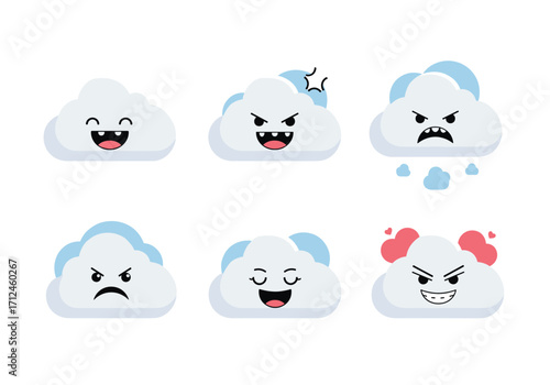 A collection of six expressive cloud faces with different emotions.