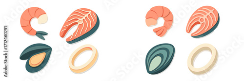 Colorful seafood illustrations featuring shrimp, salmon, and shellfish on a simple background