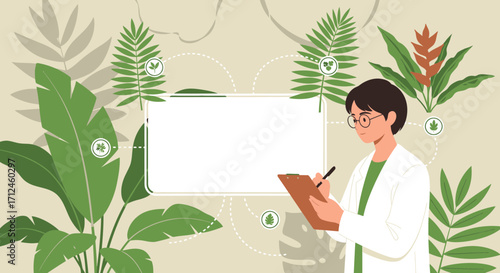 Botanist Analyzing Botanical Specimens in Modern Scientific Illustration