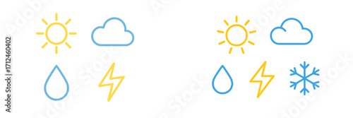 Minimalist weather forecast symbols set with sun, cloud, rain, lightning, and snowflake icons for various conditions