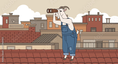 Curious Goat Uses Monocular To Observe The City Rooftops At A Certain Distance