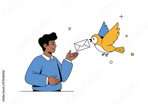 A man receives a message from a bird.