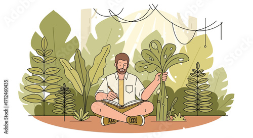 Botanist Composing Nature Notes Surrounded By Lush Foliage For Research Visualization