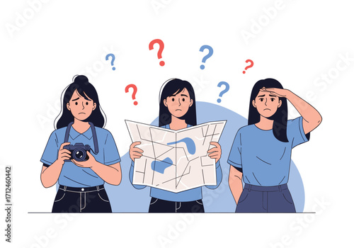 Women confused by map while traveling.