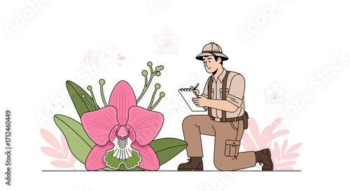 Botanist Documenting Orchid Species In Botanical Garden, Detailed Illustration