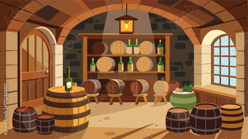 A rustic wine cellar with wooden barrels and a large wine rack.