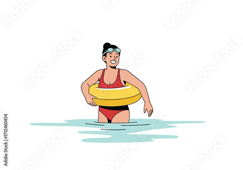 A happy person wearing goggles and a yellow floatie in the water.