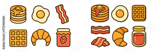 Delicious breakfast food icons set with pancakes, fried eggs, crispy bacon, waffles, croissants, and strawberry jam