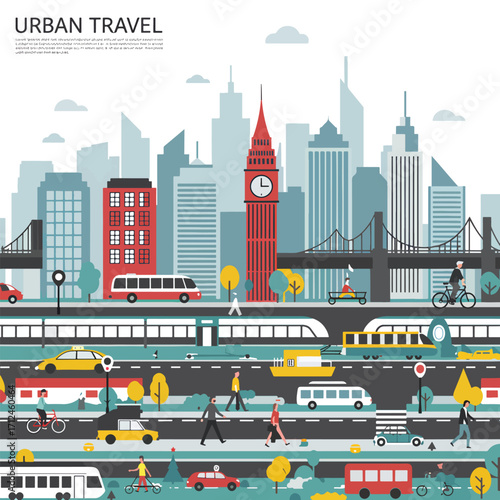 Vector Illustration of Urban Cityscape with Skyscrapers and Transportation in Modern Flat Style in Bright Colors