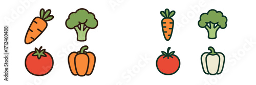 Assortment of fresh healthy vegetable icons featuring carrot, broccoli, tomato, and bell pepper for nutritious eating