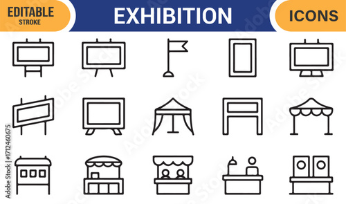 Editable vector exhibition icons with trade show booths and promotional stands