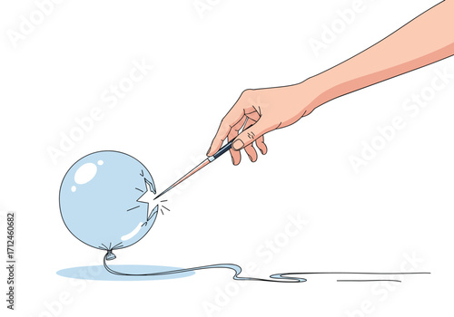 A delicate hand pricks a floating bubble with a sharp object creating a burst.