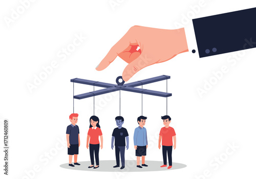 A hand controlling people like puppets on strings.