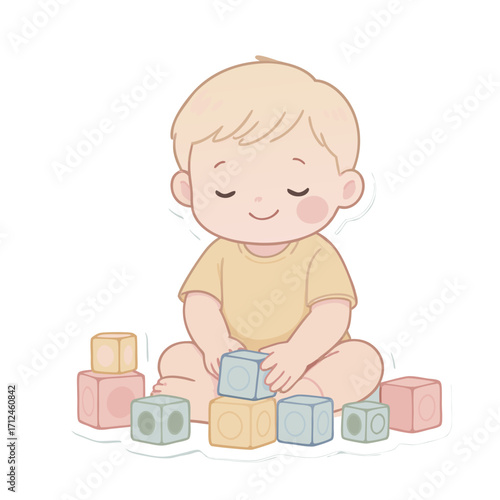 Adorable cartoon baby with blonde hair and a serene smile playing with colorful pastel toy blocks.