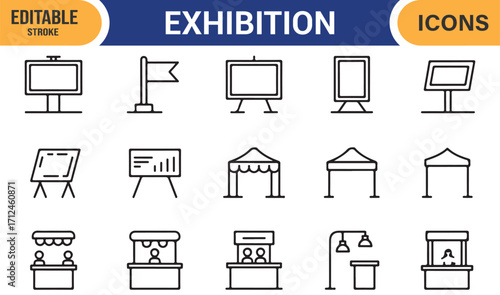 Outline style exhibition icons for gallery, marketing, and presentation design