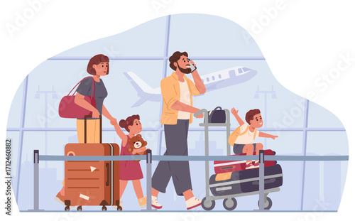 Family with luggage cart walking at the airport flat vector illustration.