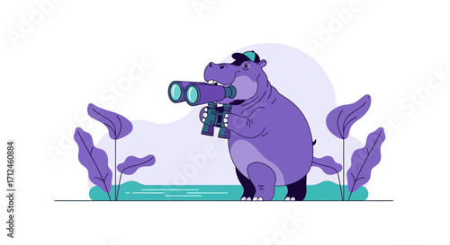 Curious Hippo Using Binoculars for Observation with Plants, Lake, and a Hat in Cartoon Illustration