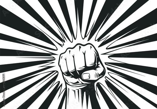 Fist raised with sunburst background symbolizing power and revolution.