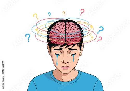 A young person experiencing mental health distress with swirling confusion and questions.