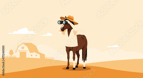 Curious Horse Observes The Landscape With Binoculars On A Sunny Day In The Countryside