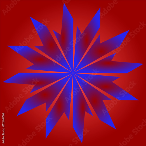 A striking geometric starburst radiates outward in deep blue and purple shades, set against a glowing crimson background, symbolizing energy and intensity.