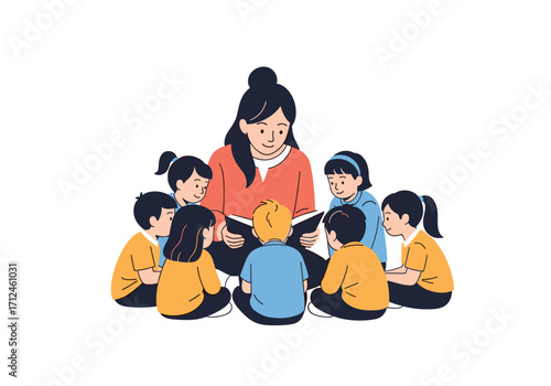 Teacher reading a story to a group of young children in a classroom setting.