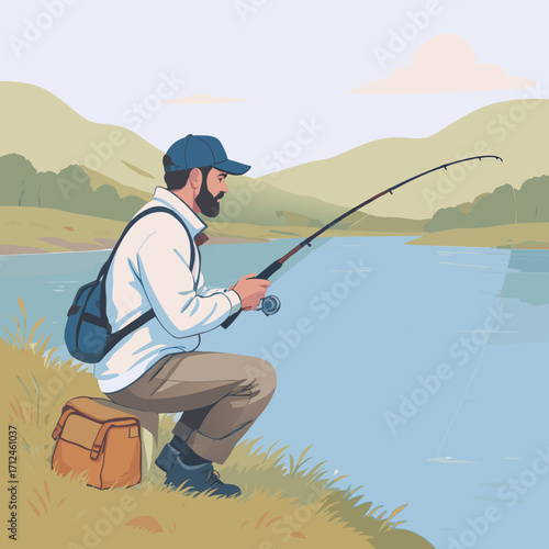 Bearded Man in White Jacket Fishing by Calm River.