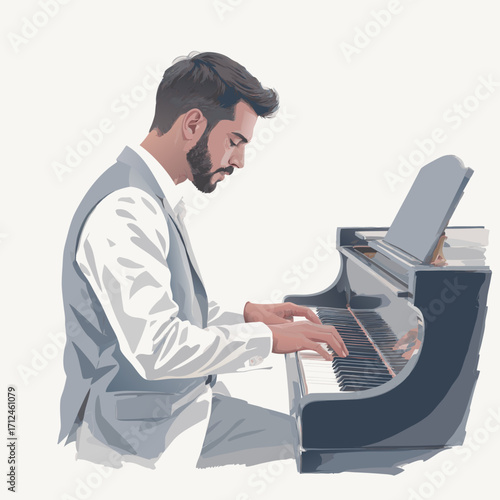 Bearded Man in White Suit Playing Grand Piano.