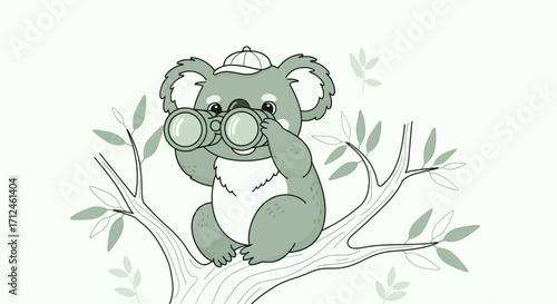 Curious Koala Observing With Binoculars On A Branch In Green And Grey Tones